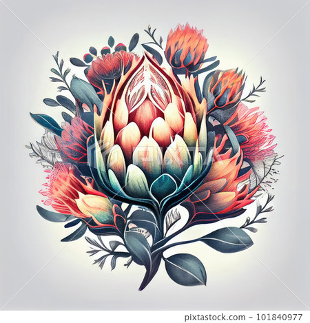 Protea Flower Isolated, African Protea Drawing Imitation, Abstract Generative AI Illustration 101840977