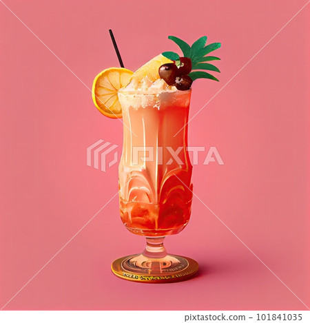 Singapore Sling Cocktail on Pink Background, Tropical Party Coctail, Bar Drink, Abstract Generative AI Illustration 101841035