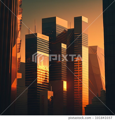 City Downtown Sunrise, Sunny Skylines in Morning, Sunset Buildings, Color Skyscrapers Generative AI Illustration 101841037