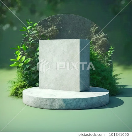 Stone Podium, Product Display Platform, Green Leaves Background, Rock Pedestal Generative AI Illustration 101841090
