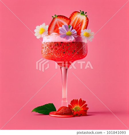 Strawberry Margarita Cocktail on Pink Background, Tropical Mocktail, Party Coctail, Bar Drink, Abstract Generative AI Illustration 101841093