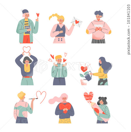 Young Enamoured Man and Woman with Love Heart Feeling Passion Vector Set 101841103