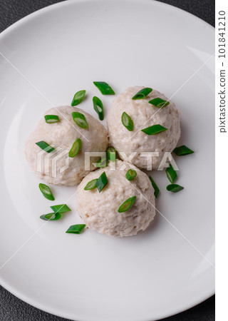 Delicious healthy steamed chicken cutlets or minced meatballs Delicious healthy steamed chicken cutlets or minced meatballs 101841210
