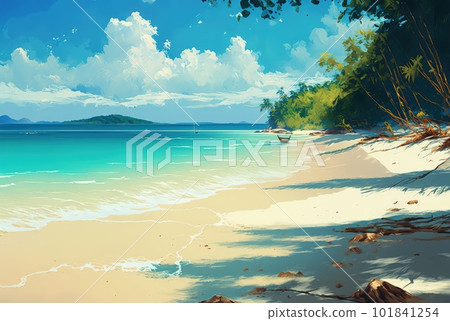 Tropical Coast with White Sand, Beautiful Paradise Beach, Palm Trees, Sun, Sea, Generative AI Illustration Tropical Coast with White Sand, Beautiful Paradise Beach, Palm Trees, Sun, Sea, Generative AI Illustration 101841254