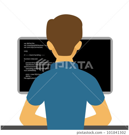 Programming developer. Young code geek, developing programmer character, it coding freelancer work flat illustration, networking project technologies engineering hero 101841302