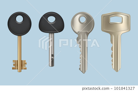 Realistic key. Metallic key for home door locks decent vector pictures realistic collection isolated Realistic key. Metallic key for home door locks decent vector pictures realistic collection isolated 101841327