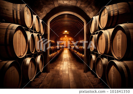 Old Wine Cellar with Oak Barrels, Winery Basement, Wine Cellar Abstract Generative AI Illustration Old Wine Cellar with Oak Barrels, Winery Basement, Wine Cellar Abstract Generative AI Illustration 101841350