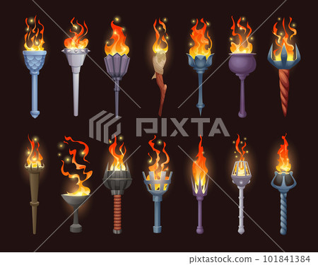 Burning torch light. Game asset tools stick burning flame exact vector illustrations set 101841384