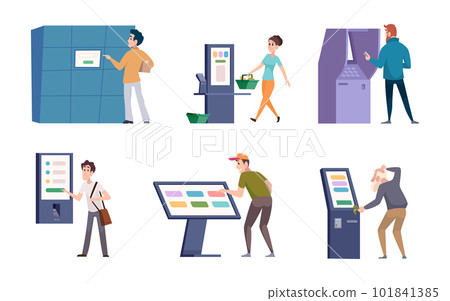 Self ordering kiosk. Supermarket customers checkout bankomat buying tickets exact vector templates 101841385