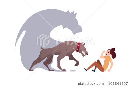 Angry dog. woman get scared of big aggresive dog Vector concept illustration Angry dog. woman get scared of big aggresive dog Vector concept illustration 101841397