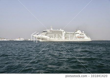Photographing the scenery of the cruise ship Silver Muse entering the port of Hakodate, Hakodate City, Hokkaido in spring in yellow sand 101841420