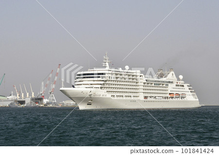Photographing the scenery of the cruise ship Silver Muse entering the port of Hakodate, Hakodate City, Hokkaido in spring in yellow sand 101841424