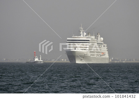 Photographing the scenery of the cruise ship Silver Muse entering the port of Hakodate, Hakodate City, Hokkaido in spring in yellow sand 101841432