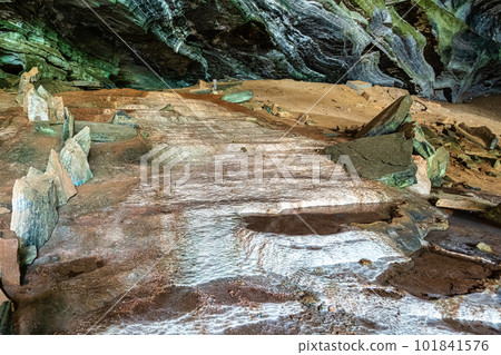 Limestone cave of stalactite and stalagmite formations, Gruta da Lapa Doce Cave, Chapada Diamantina in Bahia, Brazil. Limestone cave of stalactite and stalagmite formations, Gruta da Lapa Doce Cave, Chapada Diamantina in Bahia, Brazil. 101841576