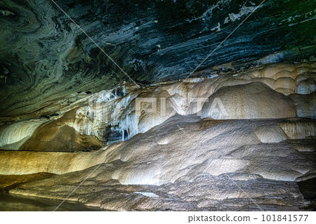 Limestone cave of stalactite and stalagmite formations, Gruta da Lapa Doce Cave, Chapada Diamantina in Bahia, Brazil. 101841577