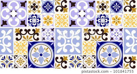 Modern abstract ceramic mosaic seamless pattern. Kitchen tiles geometric decor, porcelain traditional portuguese decoration, racy vector background 101841755