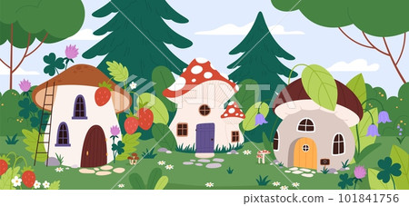 Fairytale village in forest. Fantasy city with mushroom houses on meadow with flowers, wood and grass. Dwarf or fairy building racy vector background 101841756