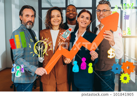 Business team hold a statistical arrow. concept of growing, successful and profit Business team hold a statistical arrow. concept of growing, successful and profit 101841905