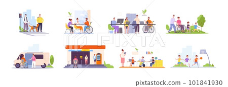 Disabled social barrier. Disability people in public place free accessibility environment, inclusive technology school transport, access to building, splendid vector illustration 101841930
