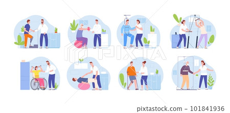 People rehabilitation therapy. Rehab walking disability patient after injury trauma, physiotherapy treatment in hospital gym wellness physical exercise splendid vector illustration People rehabilitation therapy. Rehab walking disability patient after injury trauma, physiotherapy treatment in hospital gym wellness physical exercise splendid vector illustration 101841936