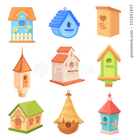 Cartoon birdhouses. Homemade nest for bird spring or autumn house, cute wooden birdhouse children workshop building birds aviary with heart hole, wood home neat vector illustration Cartoon birdhouses. Homemade nest for bird spring or autumn house, cute wooden birdhouse children workshop building birds aviary with heart hole, wood home neat vector illustration 101841937