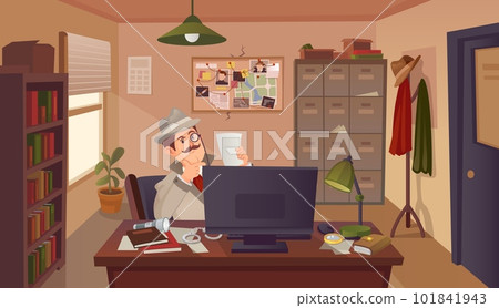 Detective in office room. Private investigator at table inside cabinet interior investigate disclosed crime, research evidence of suspect on police workplace, vector illustration 101841943
