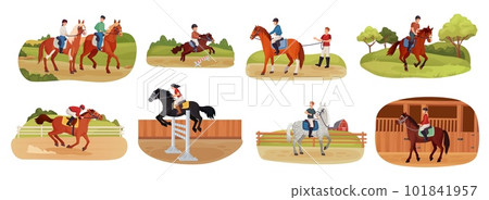 People horseback. Instructor lesson ride on horses female equestrian, man rider sitting jump horse, jockey rushing aim, child riding pony horsemanship ingenious vector illustration People horseback. Instructor lesson ride on horses female equestrian, man rider sitting jump horse, jockey rushing aim, child riding pony horsemanship ingenious vector illustration 101841957