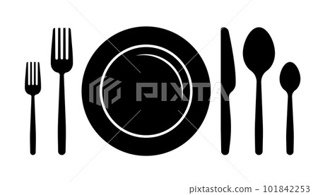 Cutlery silhouettes. Spoons, knife, plate and forks. Dinner service collection, Silhouette of cutlery. Vector illustration. Cutlery silhouettes. Spoons, knife, plate and forks. Dinner service collection, Silhouette of cutlery. Vector illustration. 101842253