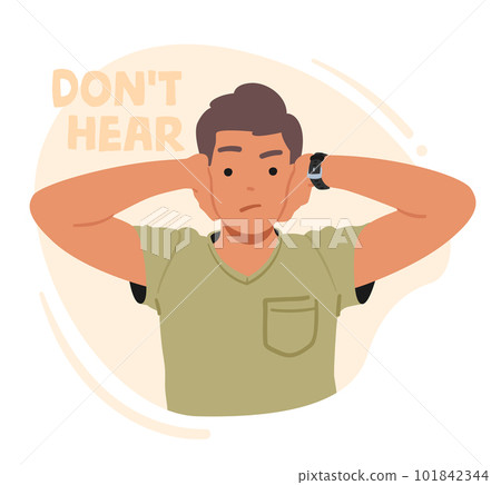 Male Character Refuse to Listen Evil. Human Emotional Balance and Body Language Concept. Young Man Covering Ears 101842344