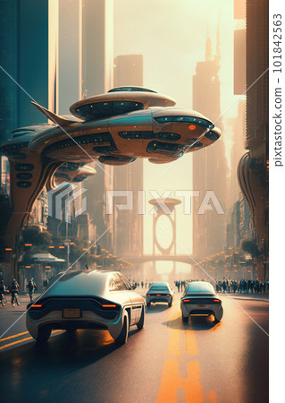 Futuristic city street, cars drive on road under fantastic building, generative AI. 101842563