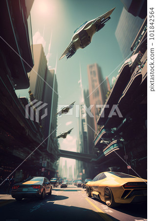 Futuristic city street, aircrafts flying above cars driving on urban road, generative AI Futuristic city street, aircrafts flying above cars driving on urban road, generative AI 101842564
