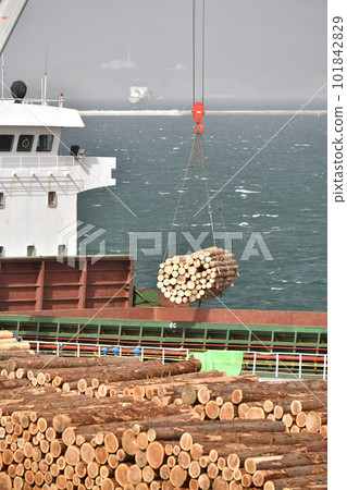 春季在北海道函館市函館港中央碼頭拍攝裝載木材的貨船風光 春季在北海道函館市函館港中央碼頭拍攝裝載木材的貨船風光 101842829
