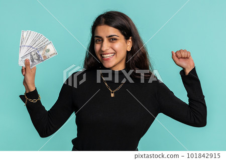 Rich pleased boss woman waving money dollar cash, success business career, lottery winner big income 101842915