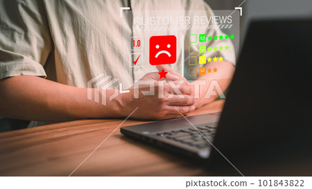 Unhappy man client with angry emotion face on virtual screen, Bad review, dislike service and quality, low rating, social media not good. Business service concept of customer experience dissatisfied. Unhappy man client with angry emotion face on virtual screen, Bad review, dislike service and quality, low rating, social media not good. Business service concept of customer experience dissatisfied. 101843822