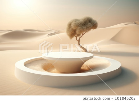 Podium on sand background. Display with sunshade and shadow on the background for cosmetic perfume fashion natural product. Generative AI. 101846202
