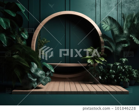 Cosmetics product advertising stand. Exhibition wooden podium on green background with leaves and shadows. Empty pedestal to display product packaging. Mockup. Generative AI. Cosmetics product advertising stand. Exhibition wooden podium on green background with leaves and shadows. Empty pedestal to display product packaging. Mockup. Generative AI. 101846228