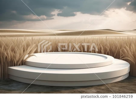 Podium on sand background. Display with sunshade and shadow on the background for cosmetic perfume fashion natural product. Generative AI. Podium on sand background. Display with sunshade and shadow on the background for cosmetic perfume fashion natural product. Generative AI. 101846259