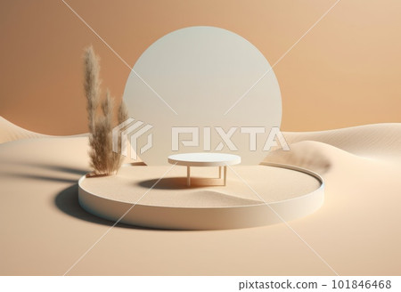 Podium on sand background. Display with sunshade and shadow on the background for cosmetic perfume fashion natural product. Generative AI. 101846468