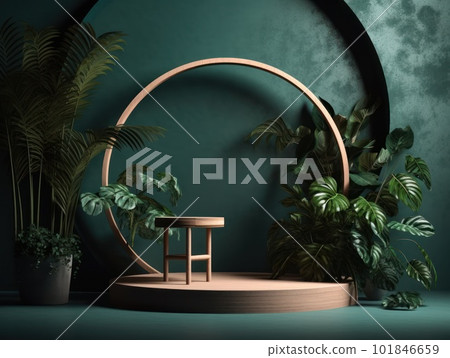 Cosmetics product advertising stand. Exhibition wooden podium on green background with leaves and shadows. Empty pedestal to display product packaging. Mockup. Generative AI. 101846659
