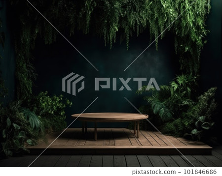 Cosmetics product advertising stand. Exhibition wooden podium on green background with leaves and shadows. Empty pedestal to display product packaging. Mockup. Generative AI. 101846686