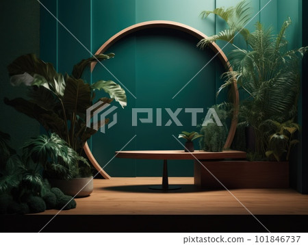 Cosmetics product advertising stand. Exhibition wooden podium on green background with leaves and shadows. Empty pedestal to display product packaging. Mockup. Generative AI. 101846737