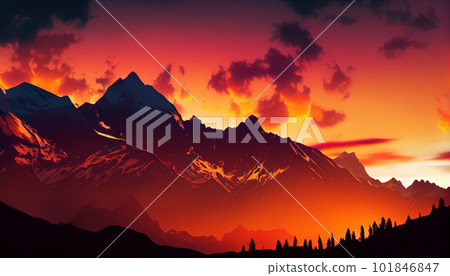 Generative AI, Silhouettes and Shadows: A Dramatic Mountain Sunset 101846847