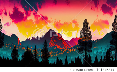 Generative AI, Silhouettes and Shadows: A Dramatic Mountain Sunset 101846855