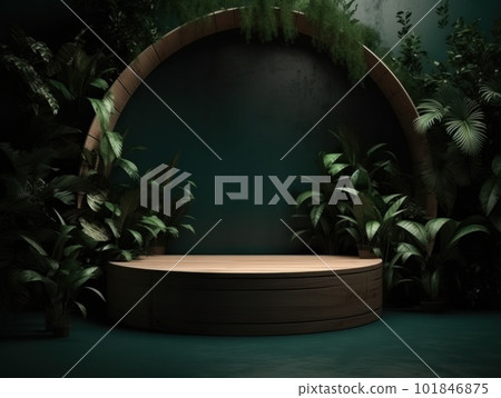 Cosmetics product advertising stand. Exhibition wooden podium on green background with leaves and shadows. Empty pedestal to display product packaging. Mockup. Generative AI. 101846875