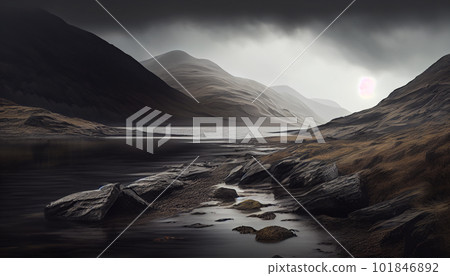 Generative AI, Moody Mountains: An Atmospheric Sunset Landscape 101846892