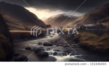 Generative AI, Moody Mountains: An Atmospheric Sunset Landscape Generative AI, Moody Mountains: An Atmospheric Sunset Landscape 101846893