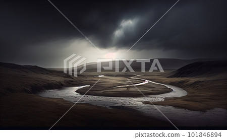 Generative AI, Moody Mountains: An Atmospheric Sunset Landscape Generative AI, Moody Mountains: An Atmospheric Sunset Landscape 101846894