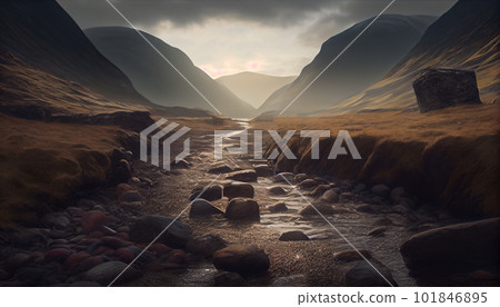 Generative AI, Moody Mountains: An Atmospheric Sunset Landscape Generative AI, Moody Mountains: An Atmospheric Sunset Landscape 101846895