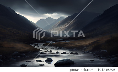 Generative AI, Moody Mountains: An Atmospheric Sunset Landscape Generative AI, Moody Mountains: An Atmospheric Sunset Landscape 101846896