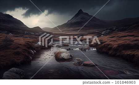 Generative AI, Moody Mountains: An Atmospheric Sunset Landscape Generative AI, Moody Mountains: An Atmospheric Sunset Landscape 101846903